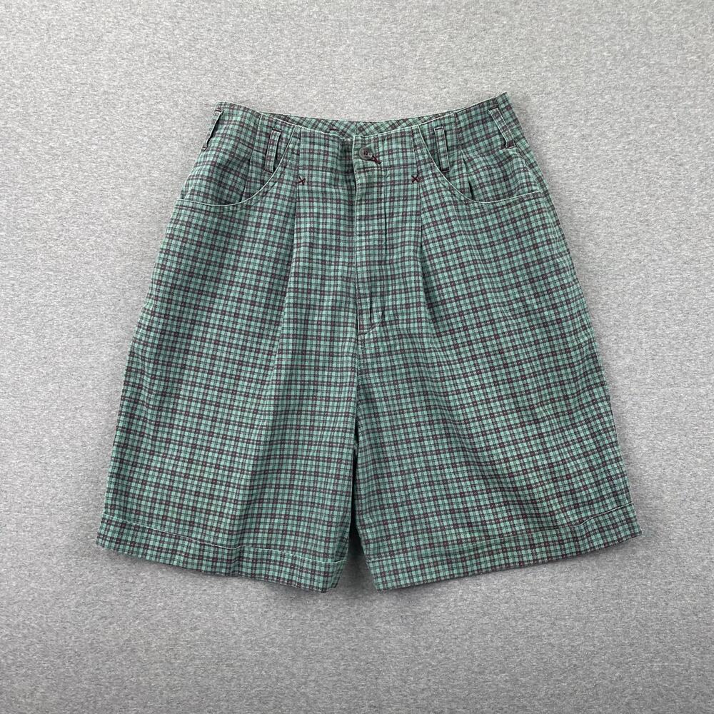 Vintage High Waisted Plaid Shorts Womens 2 Green Brown Relaxed Fit Pleated 90s